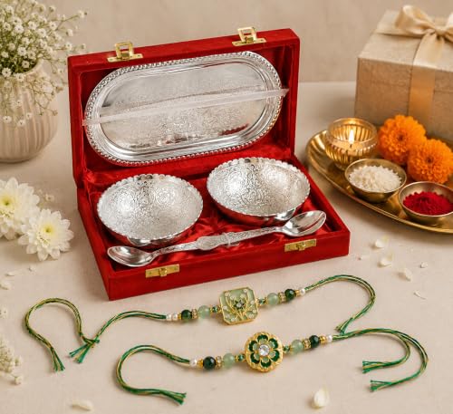 Image of Jaipur Ace Rakhi Gift Hamper for Bhaiya Bhabhi with Silver Plated Bowl Set, Pooja Thali, 2 Designer Rakhis, Roli Chawal, Raksha Bandhan Gift Set for Brother Bhabhi, Premium Rakhi Combo with Red Velvet Box