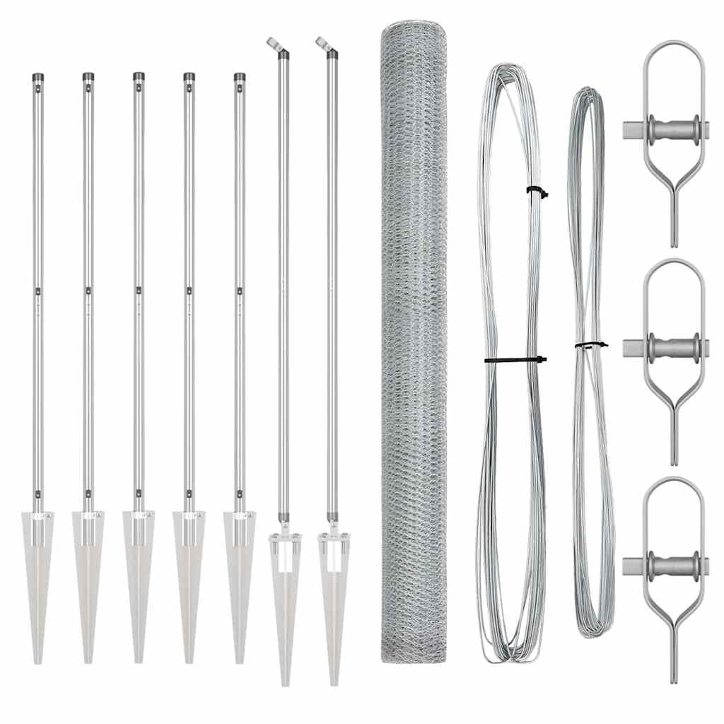 Fence Post Silver 10 x 1.5 m Steel Mesh 13 mm Outdoor Garden Security Fence Panel with 14 Spike Posts Weather Resistant Corrosion Proof for Terrace Yard Enclosure