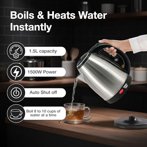 Image of Urban Chef Water Electric Kettle 1.5 litre|1500W Stainless Steel, Rotatable Base, Single-Touch Lid Locking, Automatic Cut-off |Kitchen Multipurpose Kettles For Hot Water Boiler 1 Year Warranty-Silver