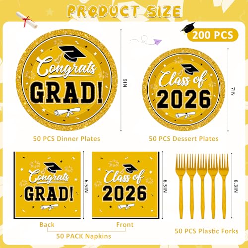Image of Graduation Party Supplies Set for 50 Guests, Yellow Graduation Plates and Napkins 2026, 200Pcs Disposable Grad Plates, Napkins, Dessert Plates and Forks for 2026 School Ceremony, Birthday Tableware