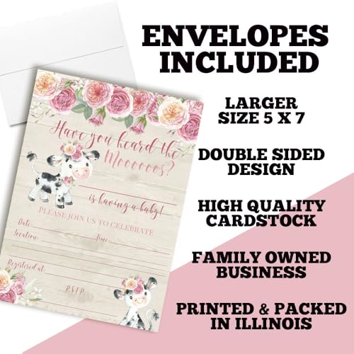 Watercolor Pink Floral Cow-Themed Baby Sprinkle Shower Invitations, 16 Pack 5x7 Fill In Cards with Sixteen White Envelopes by AmandaCreation