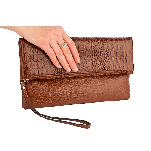 Clutch de couro com alça de mão Nikki - Whisky croco