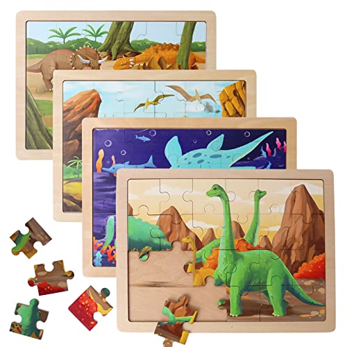 Image of BESTAMTOY Wooden Dinosaur Puzzles for Kids Ages 3-5.4 Packs 24 PCs Jigsaw Puzzles Preschool Educational Brain Teaser Boards Toys Montessori Toys for 3 Years Old and Up