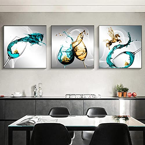 Poster Voilier et Verre de Vin Bleu, Tableau Triptyque Toile 60x60cm pour Décoration Cuisine