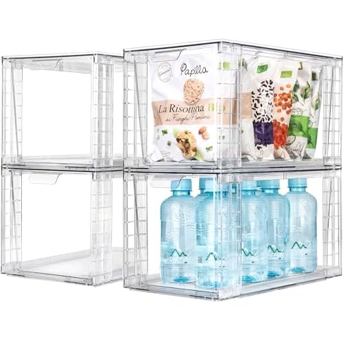 4Pack Large Stackable Kitchen Storage Drawers, Clear Foods Organizer Bins with Handles, Easily Assemble for Bathroom, Kitchen, Pantry, Cabinet, Closet(XL-Up Handle)