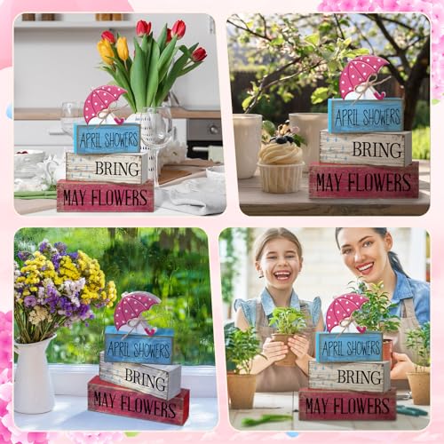 Image of Moucuny 4 Pcs Spring Summer Decorations for Home Wooden Umbrella Tiered Tray Decorations Summer Centerpieces for Tables Farmhouse Decorative Umbrella Faux Stack Block Sign for Home Shelf Decor
