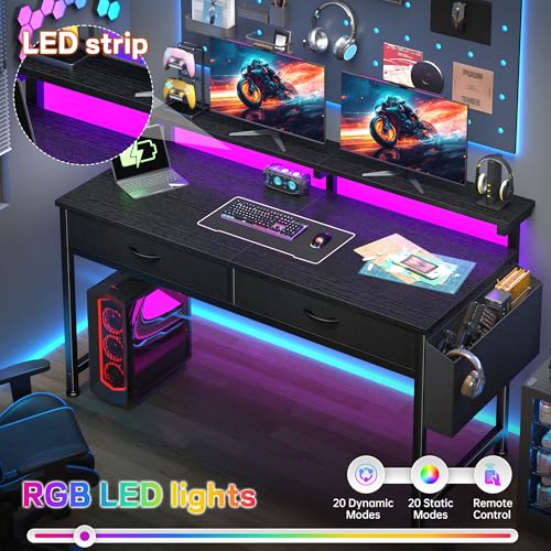 Image of DurayLoly 47.3Inch Gaming Desk with LED Lights with 2 Drawers, Home Office Desk Computer Desk with Side Pocket & Ergonomic Monitor Stand, Small Space Study Writing Table with Anti-Tip Design,Black