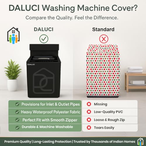Image of DALUCI Top Load Fully Automatic Washing Machine Cover for 8 Kg, 8.5 Kg, 9 Kg, 9.5 Kg, 10 Kg | Waterproof & Dustproof Polyester Fabric Cover for Washing Machine with Zipper(Black, 63X63X93 CM)