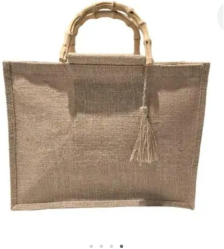 Bolsa Feminina de Juta Palha Grande com Alça de Bambu – Bege – Moda Praia e Piscina, Leve, Elegante e Espaçosa para Verão, Viagens e Passeios – Bolsa de Ombro com Zíper