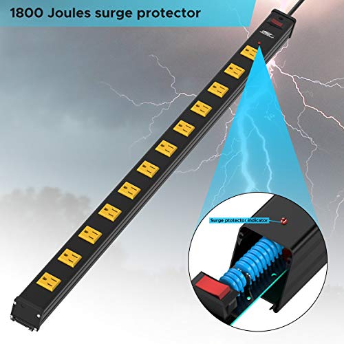 Regleta larga CRST con 12 tomacorrientes espaciados, metálica pesada, protectora de sobretensión 1800J, interruptor de circuito 15A, 6 pies de longitud miniatura 3