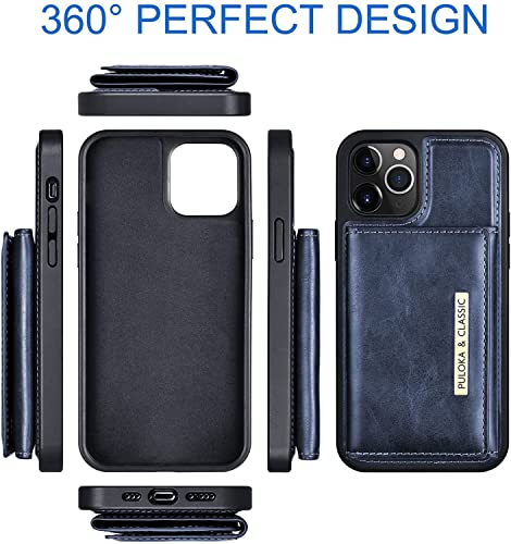 Image of PULOKA Wallet Back Case - Compatible with iPhone 14 Pro - Vegan Leather Phone Cover - Detachable Card Holder Case with Kickstand - Shockproof, Anti Scratch & Raised Edges for Protection - Blue