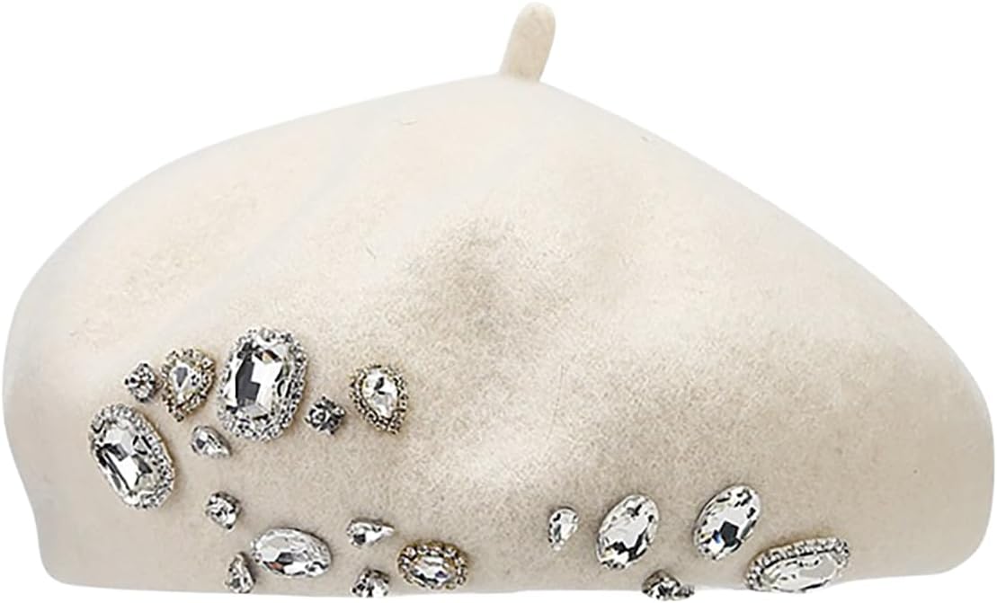 yolrdiw Elegant French Beret for Women Shiny Rhinestone Wool Hat Wedding Party