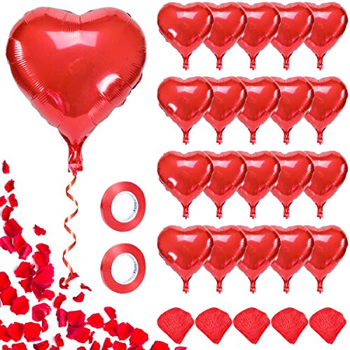 Yiran Lot de 20 ballons à l'hélium en forme de cœur rouge de 45.7 cm avec 2 rubans, 500 pétales de rose en soie rouge, confettis pour mariage, Saint-Valentin, décoration de fête de mariage