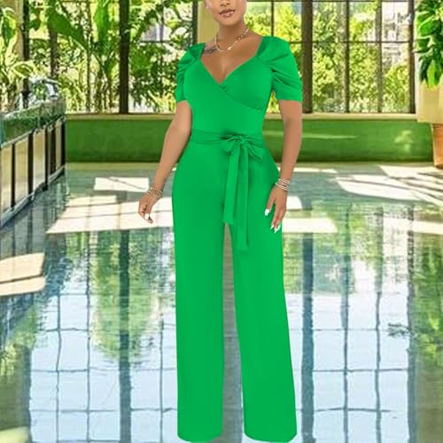 Image of PaladMom Womens Elegant Plus Size Jumpsuits Sexy Back zipper Short Sleeve Mid Waist Wide Leg Straight Rompers