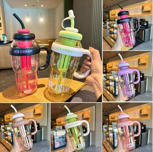 Image of 1300ml Large Capacity Insulated Transparent Tumbler Bottle with Straw & Handle, Leakproof Detox, Green Tea, Milkshake, Beverages, Juice & Cold Drinks | Gym, Travel, Office & Fitness (LIGHT GREEN)
