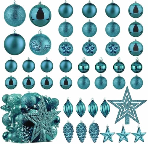 Christmas Ball Baubles Decoration Tree Ornaments including Balls Stars and a Tree topper Shatterproof Xmas Hanging 43 Pieces Set Home Office Outdoor indoor (Teal/Light Blue, 43pc)
