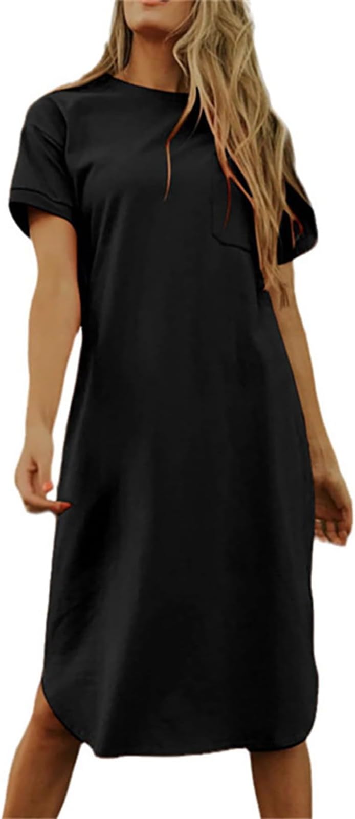 Skang Womens Dresses Casual Elegant Knee-Long Dress Tunic Dress Short Sleeve Crew Neck Dresses with Pocket Sun Dress for Ladies Solid Color Dresses Soft Loose Vacation Party Daily Evening Dresses