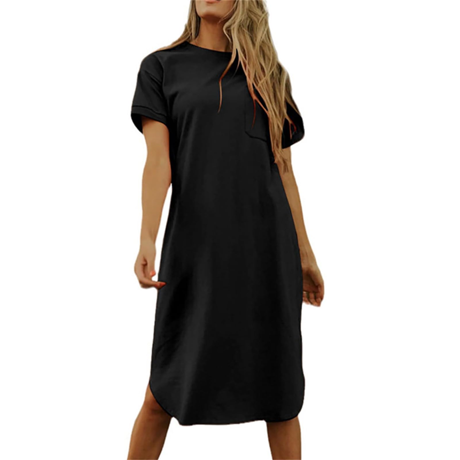 Skang Womens Dresses Casual Elegant Knee-Long Dress Tunic Dress Short Sleeve Crew Neck Dresses with Pocket Sun Dress for Ladies Solid Color Dresses Soft Loose Vacation Party Daily Evening Dresses