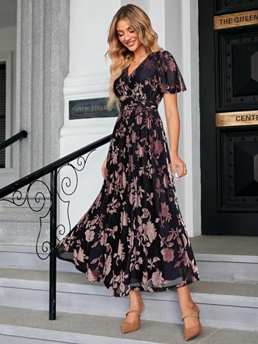 Image of Simplee Women's V Neck Velvet Maxi Dress Short Sleeve Empire Waist Long Formal Dress for Wedding Guest