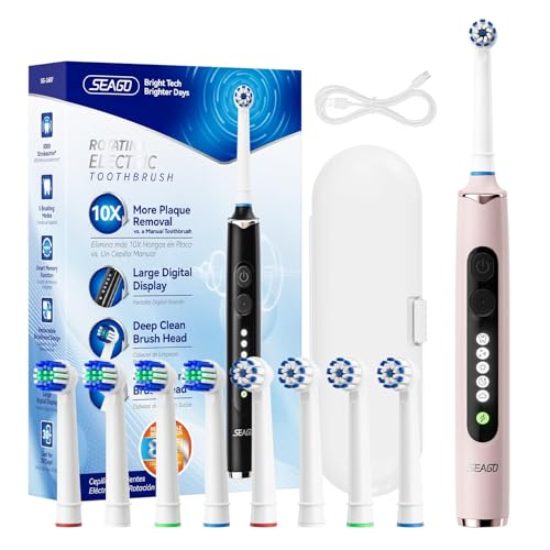 Seago Cepillo Electrico Recargable, Cepillo de Dientes Eléctrico Rotativo con Estuche de Viaje,8 Cabezas para la familia,5 Modos, Temporizador 2 Min,IPX7, SG2607, Rosa