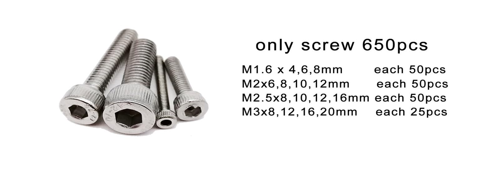 Zestaw śrub imbusowych ze stali nierdzewnej 304 | M1.6-M5 650/1140/2100 sztuk do naprawy elektroniki samochodowej(Set B 650pcs)