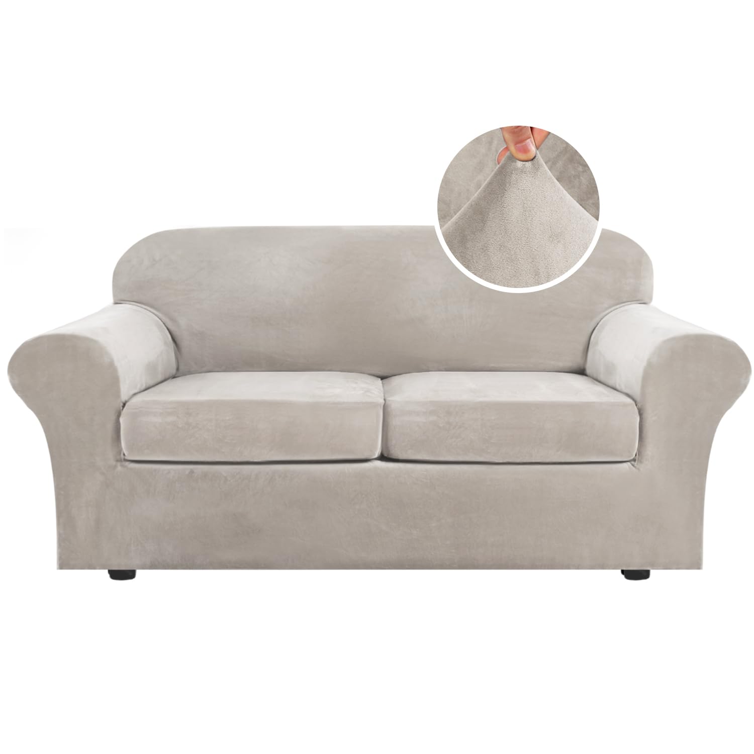 H.VERSAILTEX Real Velvet Plush 3 Piece Stretch Sofa Covers Couch Covers for 2 Cushion Couch Sofa Slipcovers Width Up to 90 Inch Thick Soft Stay in Place (Large Sofa, Oatmeal)