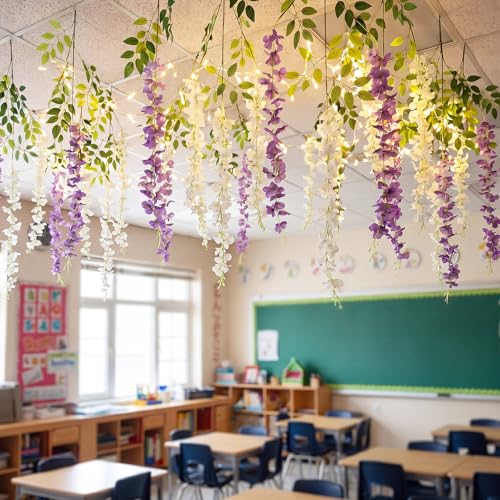 Knitgrip 16 Pcs Back to School Hanging Decorations 43 Wisteria Hanging Flowers for Classroom Ceiling Artificial Wisteria Flowers Vines with 10 Ft 20 LED Warm Light for Classroom Ceiling Decor