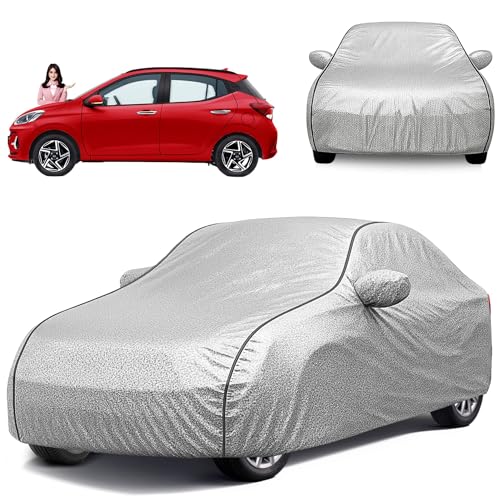 Image of Waterproof Car Cover for Hyundai Grand I10 Nios UV & Weather Protection, Soft Cotton Lining, Windproof Elastic Hem, Adjustable Buckle, Mirror & Antenna Pockets, Durable & Scratch-Resistant (Silver)