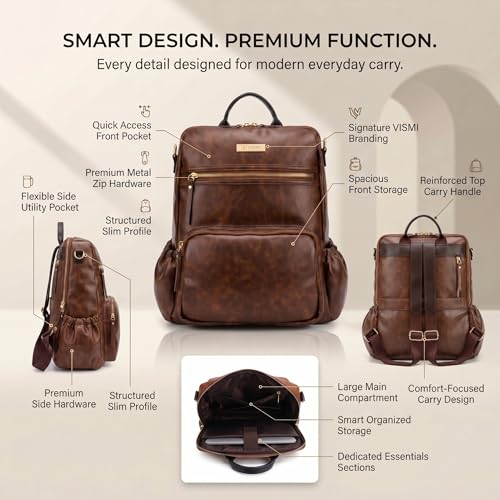 Image of VISMIINTREND Backpack for Woman /Teens Girl, Leather, Stylish, Handbag, Purse,Ladies,Office,Travel,College,Daily-Use,14-inch Laptop Bag, Elegant, Gifts for Women /Girls, Birthday Gift for Wife /Sister