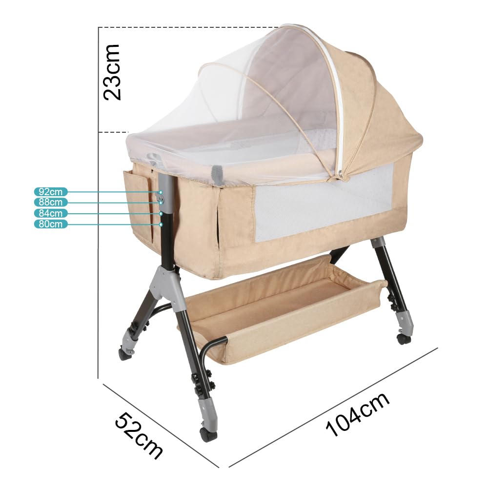 Kedia - Cuna de bebé con mosquitera, cama para bebé y cama de viaje con ruedas, cunas de ajuste de altura, cunas de cododo (104 x 52 x 103 – 115 cm), color beige blanco