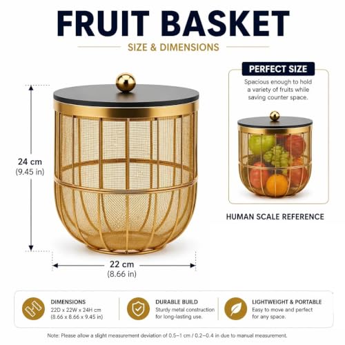 Image of Luxury Gold Metal Wire Mesh Fruit Basket with Lid