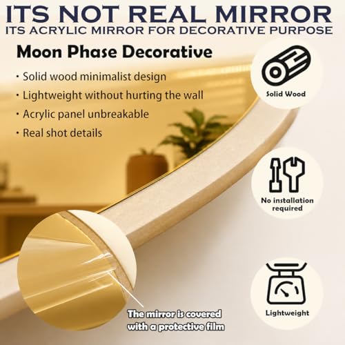 Image of Moon Phase Wall Decor with Beige Laminated Pine Wood Frame & Golden Acrylic Mirror | Boho Celestial Wall Art for Living Room, Bedroom, Yoga & Meditation Room