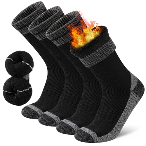 COOPLUS Merino Wool Hiking Socks for Men Thick Thermal Warm Crew Winter Mens Work Boot Socks 4 Pairs