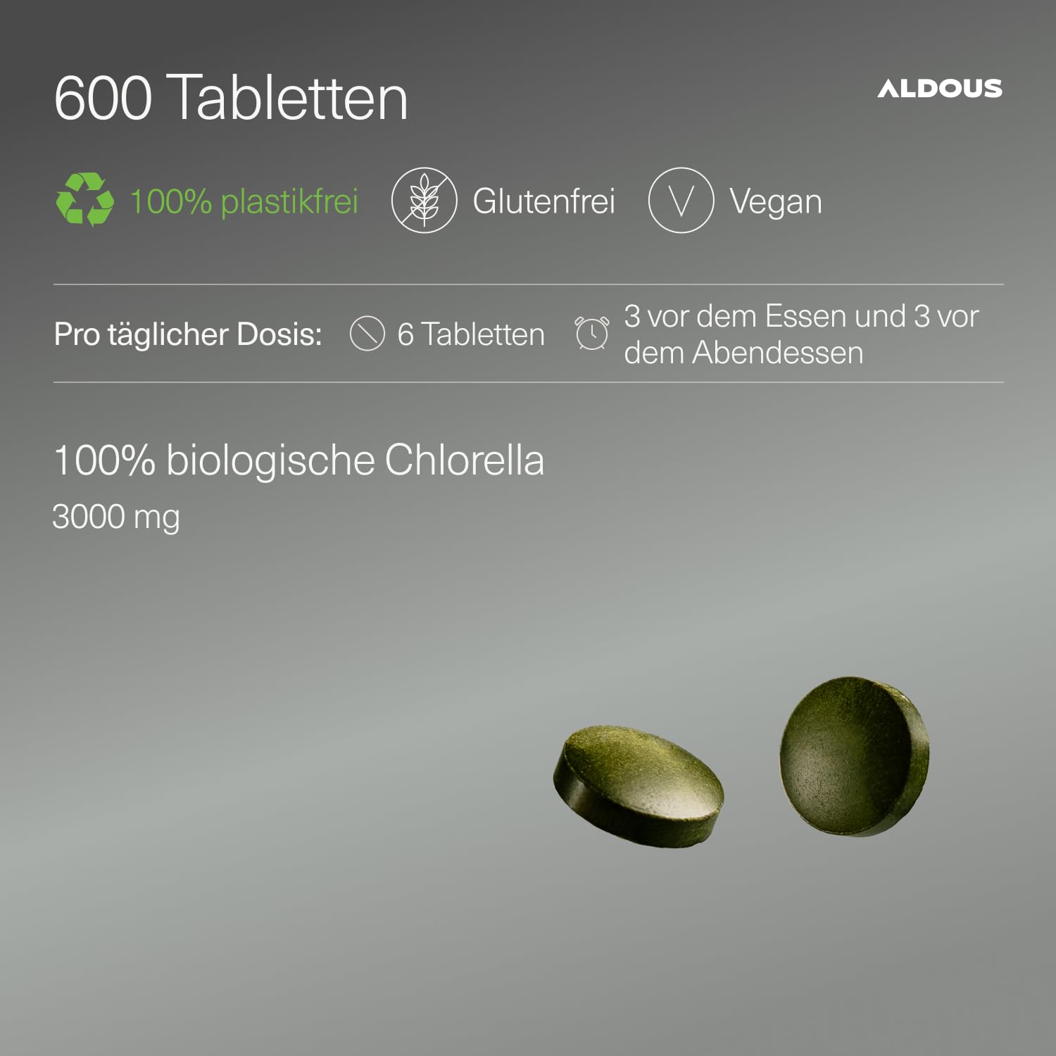600 Chlorella Bio Presslinge - 3000 mg pro Tagesdosis - mit aufgebrochenen Zellwänden - 100% Rein & Natürlich, DETOX, ohne Zusätze - Bio Vegan Protein - Chlorophyll - Energie Booster - ALDOUS