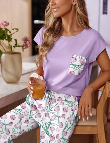 Image of Ekouaer Womens Pajama Sets Cap Sleeve Sleepwear Tops and Long Pants Comfy Pjs 2 Piece Lounge Set with Pockets S-XXL