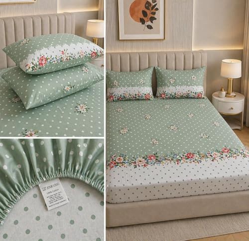 Image of Castiqa Elastic Fitted Supersoft Premium Brushed Cotton 200TC King Size Bedsheets with 2 Pillow Covers (Fits Upto Mattress of 10 Inches) (King (72x78), Green Floral)