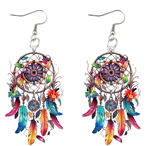 Boucles d'oreilles attrape-rêves, plumes acryliques légères, boucles d'oreilles attrape-rêves bohème avec design floral vintage pour femmes et filles – -
