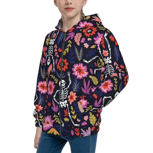 Dancing Skeletons Floral Garden Kid Hoodies Boys Zip Up Sweatshirts Girls Pullover with Pocket