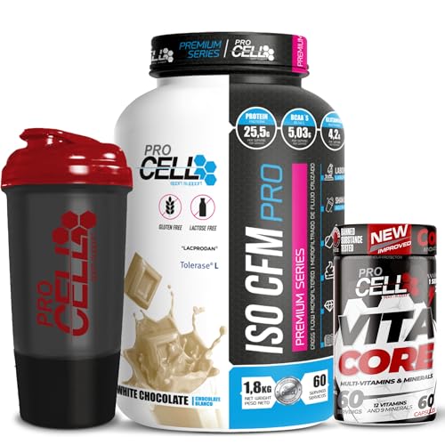 ProCell PACK ISO CFM PRO + VITACORE 60 comp + Shaker REGALO Proteína Aislada Pura (88%) Proteína Isolada Premium Aumentar Masa Muscular Multivitaminico (1,8 kg, Chocolate Blanco)