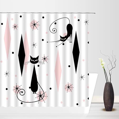 GCTNBJL Cortina de ducha geométrica moderna de mediados de siglo, gato negro, estrellas atómicas, abstracto, rosa, negro, geométrico, retro, de los