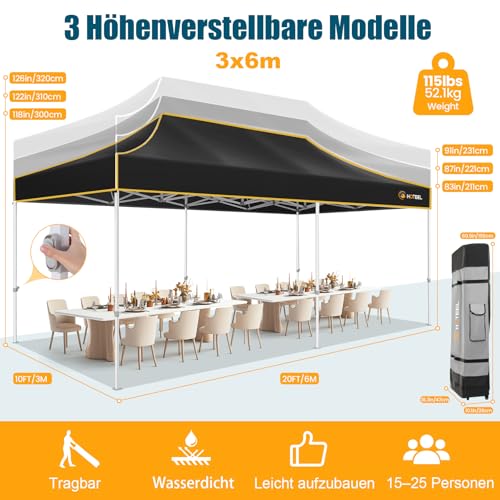 Image of Hoteel Gazebo 3 x 6 Waterproof Stable Winterproof, Reinforced Folding Gazebo with Hexagonal Tube Frame, Anti-UV Party Tent, Foldable Garden Gazebo for Markets, Carry Bag with Wheels, 4 Sand Bags