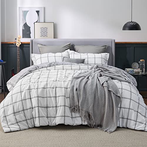 Bedsure White Grid Comforter Set Queen - White Grey Reversible Plaid Bedding Comforter Set - 3 Piece Lightweight Fluffy Comforter Set, Includes 1 Comforter (90"X90") And 2 Pillow Shams (20"X26"+2") #TOP14