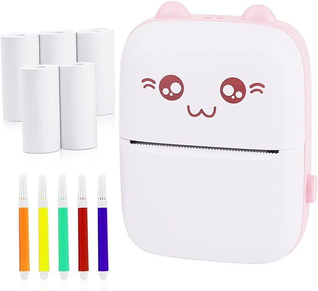 PENYUY Mini Thermal Printer, Bluetooth Labler Maker, Portable Label Printer Compatible with Android and ios, Printable Photos, Lists, QR Codes, Notes(With 5 Roll Paper+5 Colored Pens)