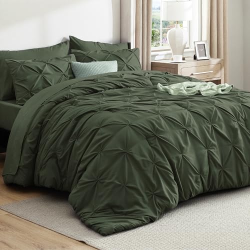 Image of Bedsure Oversized King Comforter Set Olive Green - Bed in a Bag Bedding Set 7 Pieces, GentleSoft Pintuck Bed Set Gift for Family, Pinch Pleat Olive Green Comforter with Sheets, Pillowcases & Shams