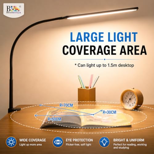 Image of BROLAVIYA Overhead Flexible LED Long Desk Lamp Light with Metal Clamp, 3 Modes, 10 Brightness, Eye-Caring, Long Flexible Gooseneck, for Home, Office, Desktop,Bedroom, Reading, Study lamp etc, Black