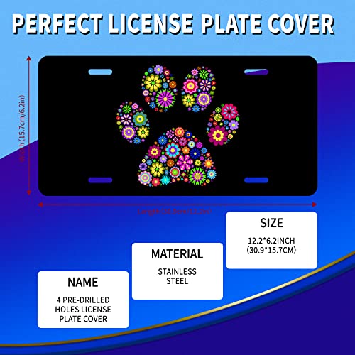 Hippie Floral Animal Paw Print License Plate Cover Personalise Car Front License Plate Rust-Proof Stainless Steel Metal Car Plates Tag Funny Novelty Vanity Tag 4 Screw Hole Decorative #TOP2
