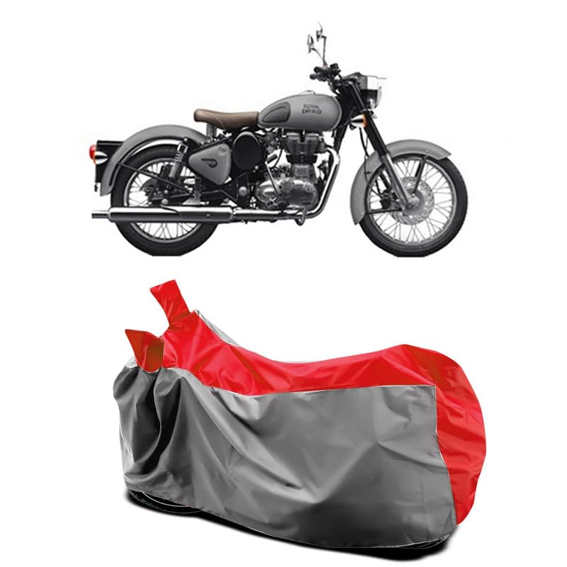 Image of DUFFEL-Two Wheeler Bike Body Cover Compatible for Royal Enfie Classic Gunmetal Heat Protectio /UV-Rays /Birds Dropping /DustProof /Waterproof All Variants [Gray Red]