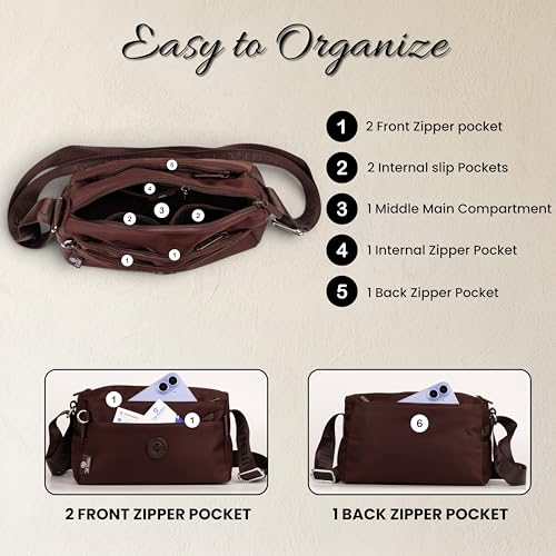 Image of Women's Crossbody Sling Bag, Water-Resistant Nylon Shoulder Handbag with Multiple Zipper Compartments, Lightweight Travel Purse, Shopping, Adjustable Strap Messenger Bag