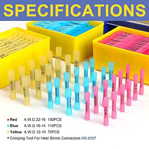 Haisstronica HX1349 330Pcs Heat Shrink Butt Connectors Set,Awg 22-10 Marine Grade Electrical Connectors Kit,Waterproof Butt Splice Connectors(3Colors/3Sizes),With Crimping Tool And Removable Storage Bins thumb #1