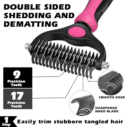 Image of Professional 3PCS Self Cleaning Slicker Brush & Pet Grooming Rake & Flea Comb for Dogs,Cats and Horses | Double-Sided Dematting Comb & Skin Friendly Deshedding Grooming Tool | Pet Supplies (Red)